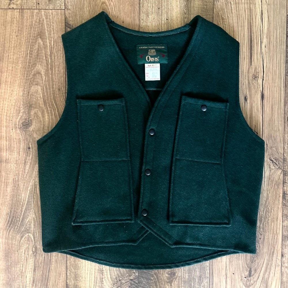 Orvis Wool Vest Men's Large Forest Green Snap Front Utility Pockets Winter Wear - Picture 2 of 5